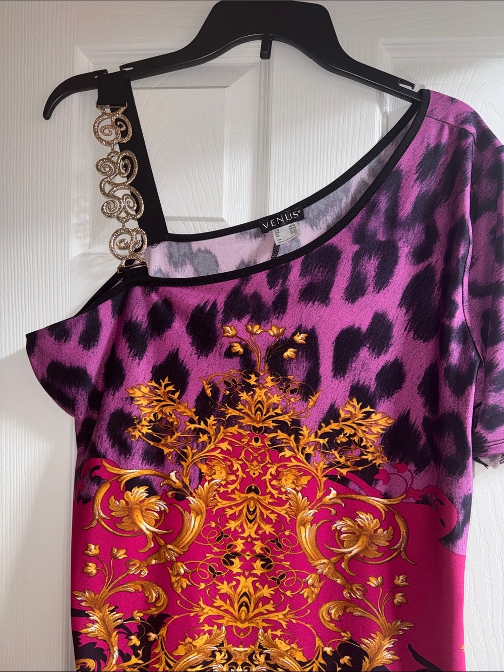 VENUS Purple & Gold One-Shoulder Tank with Jeweled Strap